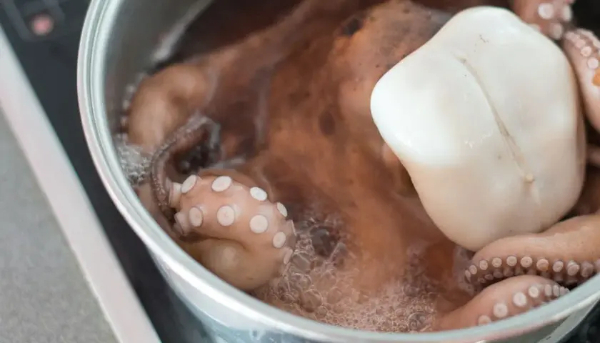 Un pulpo entero se está cociendo en una olla de metal. Sus tentáculos rosados con ventosas visibles se curvan en el agua burbujeante.
