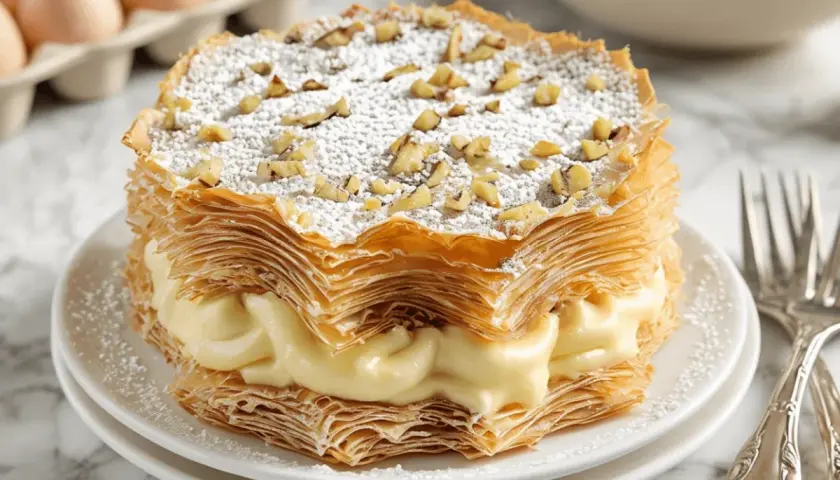 Tarta árabe de capas crujientes rellena de crema pastelera, espolvoreada con azúcar glas y nueces picadas.