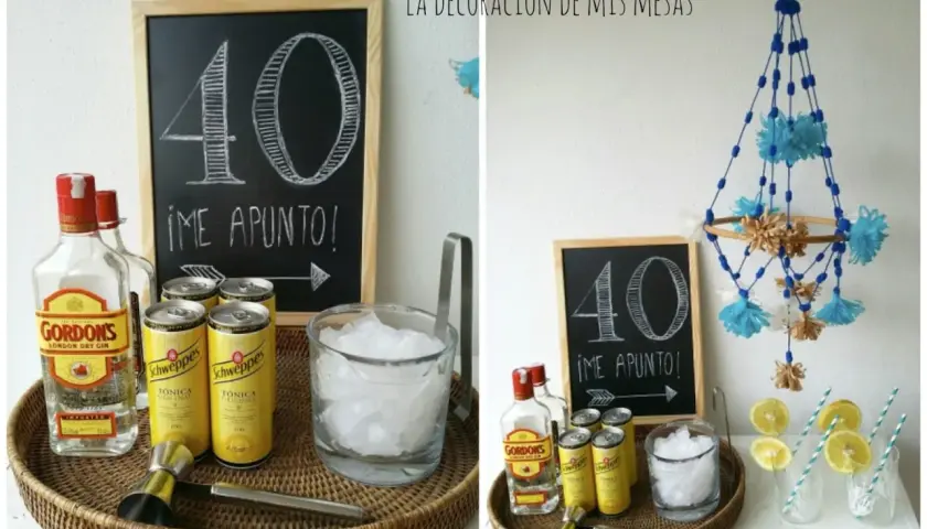 Decoración mesa de bebidas para fiestas: ginebra, tónica, hielo y limón para celebrar los 40. ¡Me apunto!