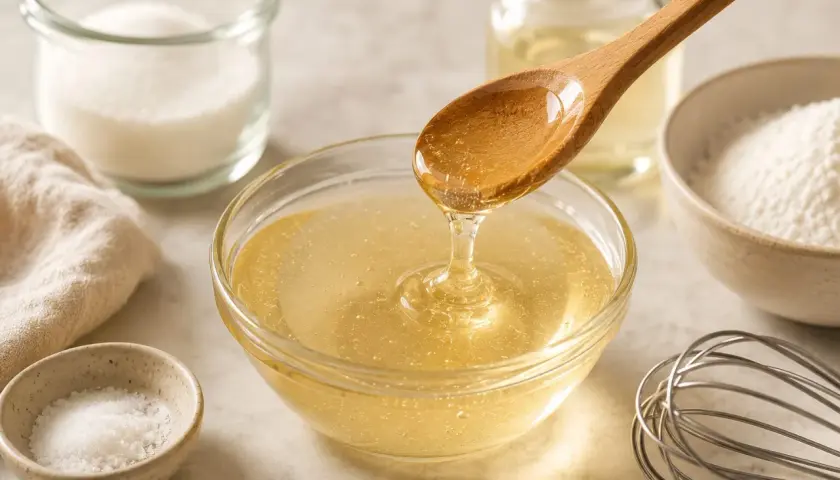 Cuchara de madera vierte jarabe dorado en un bol. Ingredientes para hacer azucar invertida: azúcar, sal, harina y un líquido transparente.