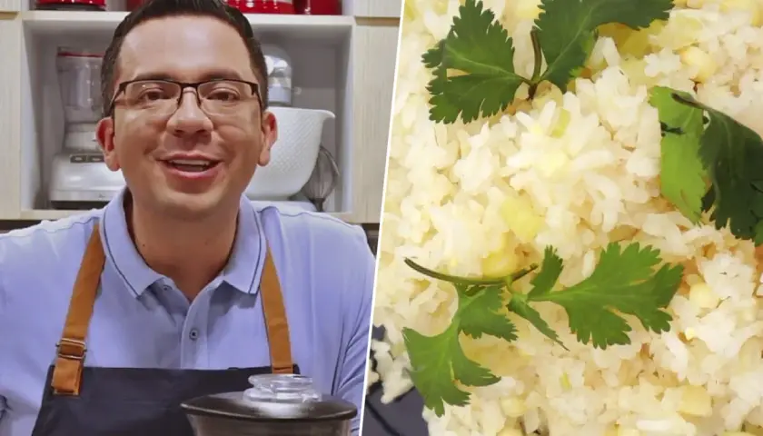 Chef sonríe junto a un plato de arroz con maíz y cilantro. ¡La solución perfecta para un arroz duro y una paella deliciosa!