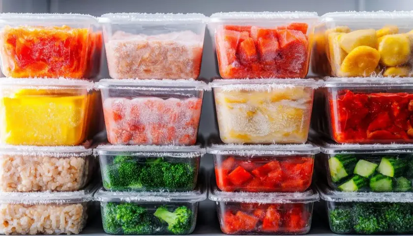 Recipientes apilados con verduras y frutas congeladas. Se puede congelar el pisto para tenerlo listo para cocinar.