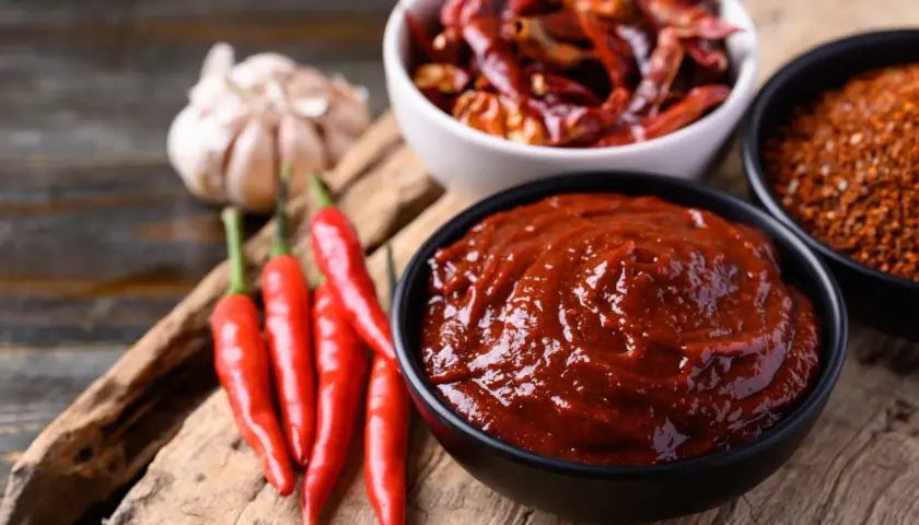 Un tazón de salsa ranchera, con chiles rojos frescos, secos y ajo alrededor.