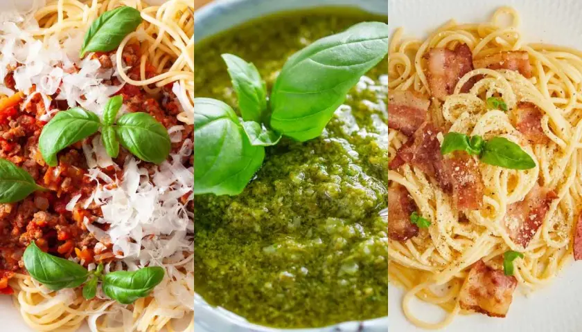 Tres deliciosos platos de pasta: boloñesa, pesto y carbonara. Variedad de salsas para pasta.