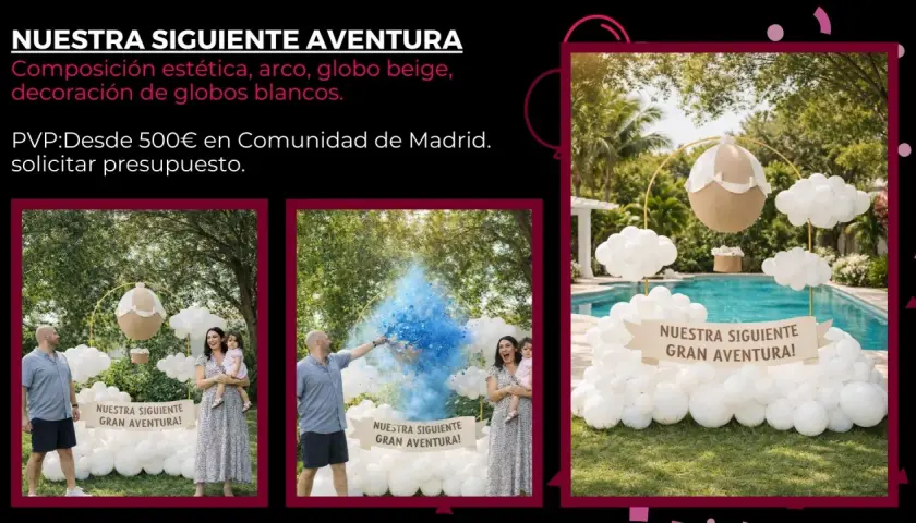 Una familia celebra el **reveal gender** con una explosión de polvo azul. Decoración de globos blancos y un globo aerostático beige crean un ambiente festivo.