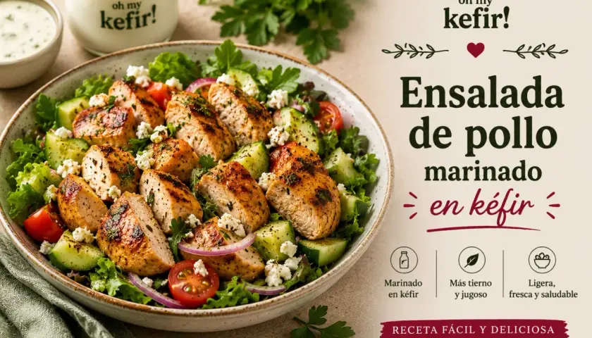 Ensalada de pollo marinado en kéfir, con lechuga, pepino, tomate y queso. Ligera, tierna y jugosa.