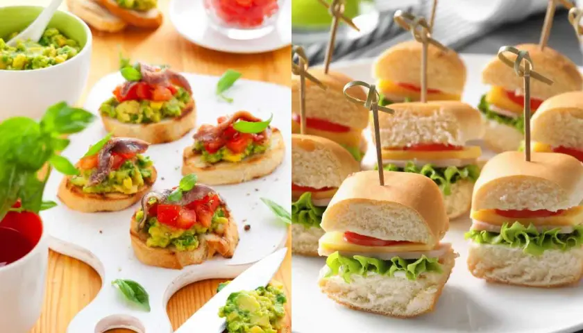 Deliciosos entrantes para un cumpleaños: bruschettas con aguacate y anchoas, y mini hamburguesas con queso y lechuga.