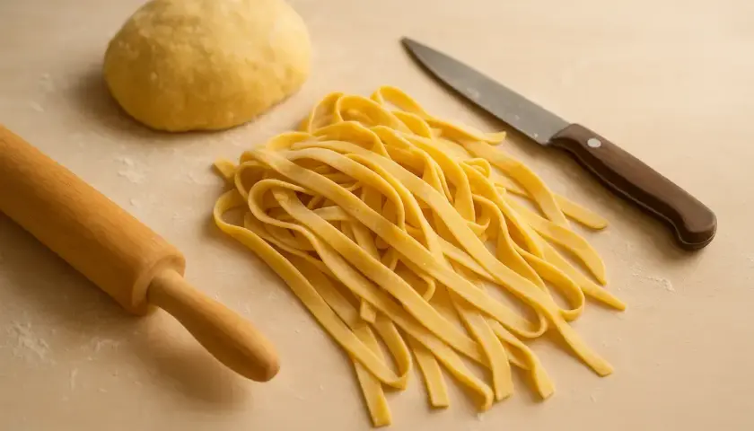 Masa de pasta fresca lista para cortar, con rodillo y cuchillo.