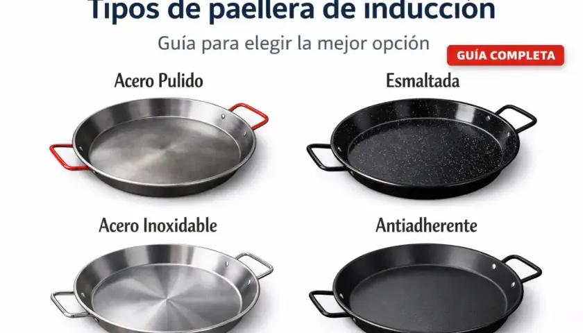 Cuatro tipos de paelleras: acero pulido, esmaltada, acero inoxidable y antiadherente. Elige la ideal para tu cocina de inducción.