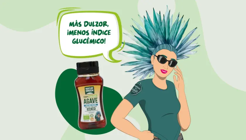Botella de sirope de agave ecológico junto a una mujer con peinado de agave. "Más dulzor, ¡menos índice glucémico!