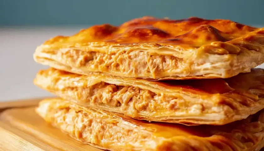 Empanada de atún dorada y crujiente, apilada en tres capas, revela un relleno jugoso y sabroso.