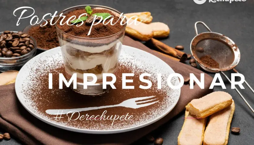 Delicioso postre de tiramisú en vaso, rodeado de ingredientes como café y bizcochos de soletilla. ¡Postres fáciles para impresionar!