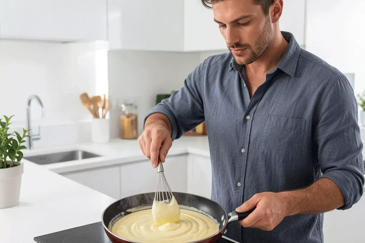 Hombre preparando una deliciosa bechamel receta en una sartén.
