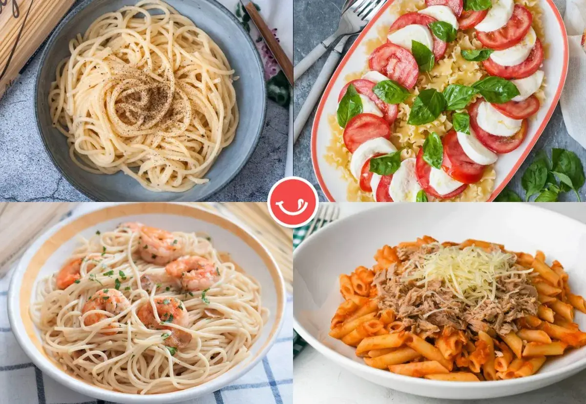 Cuatro platos de pasta: espaguetis con pimienta, ensalada caprese, espaguetis con gambas y penne con atún. Recetas con ingredientes básicos para disfrutar.