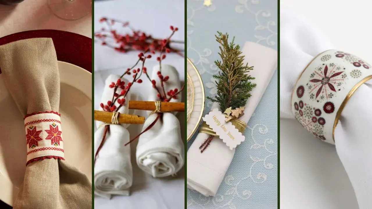 Ideas para hacer servilleteros originales: bordados, ramas con canela, ramitas de pino y anillas decoradas.