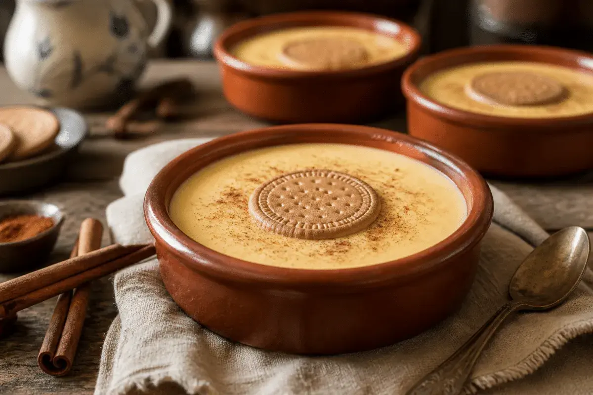 Deliciosas natillas caseras en cuencos de barro, espolvoreadas con canela y coronadas con galleta. Un placer tradicional.