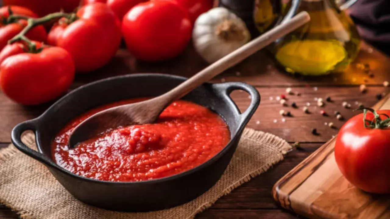 Un tazón de tomate frito casero con una cuchara de madera, rodeado de tomates frescos, ajo y aceite de oliva.
