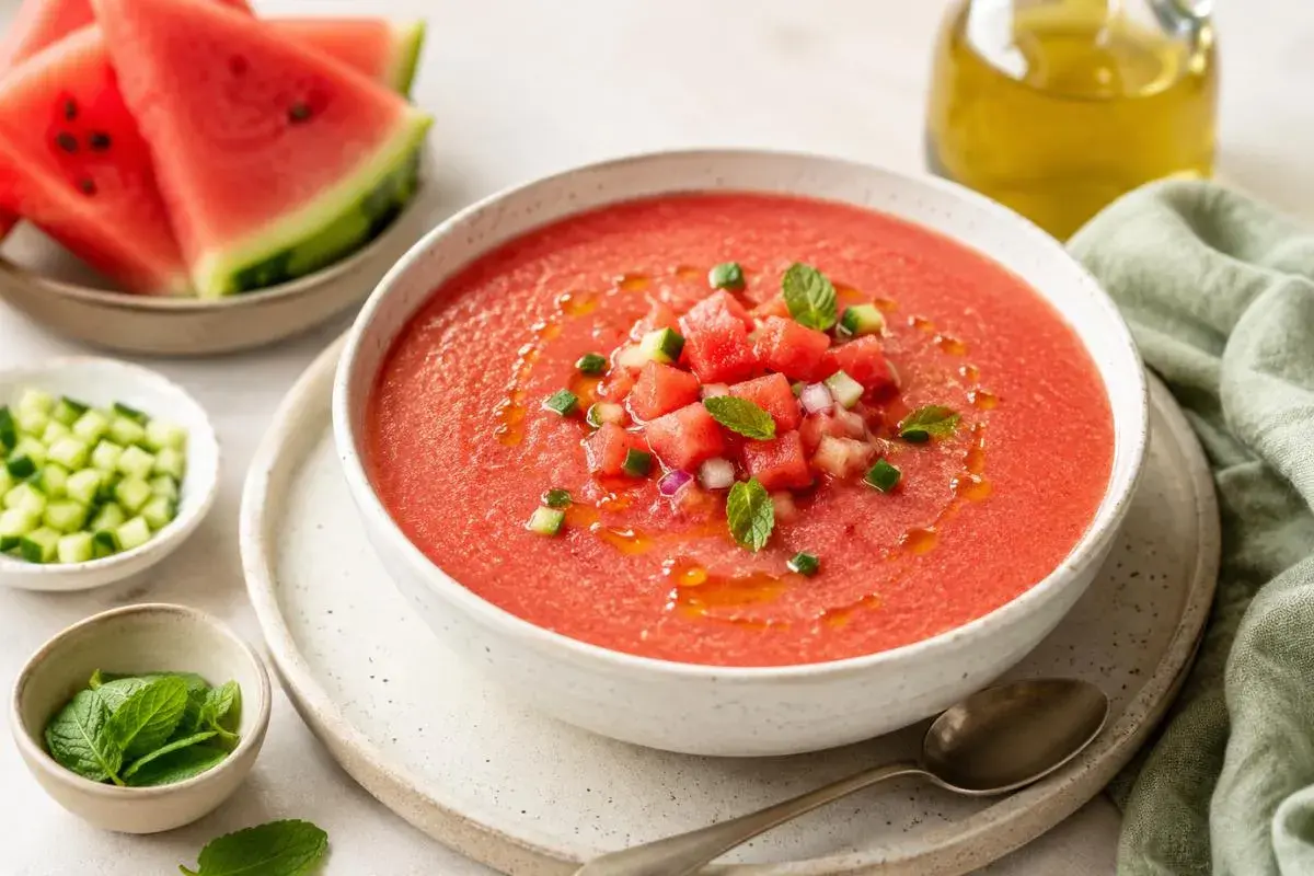 Refrescante gazpacho de sandía, adornado con cubitos de sandía, pepino y menta. Acompañado de rodajas de sandía y aceite de oliva.
