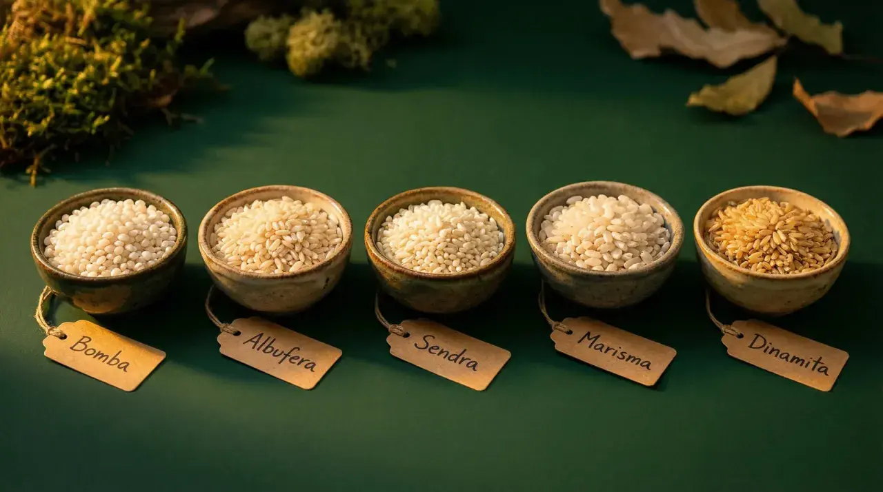 Cinco cuencos con diferentes tipos de arroz, incluyendo arroz Senia o Bomba, sobre fondo verde.