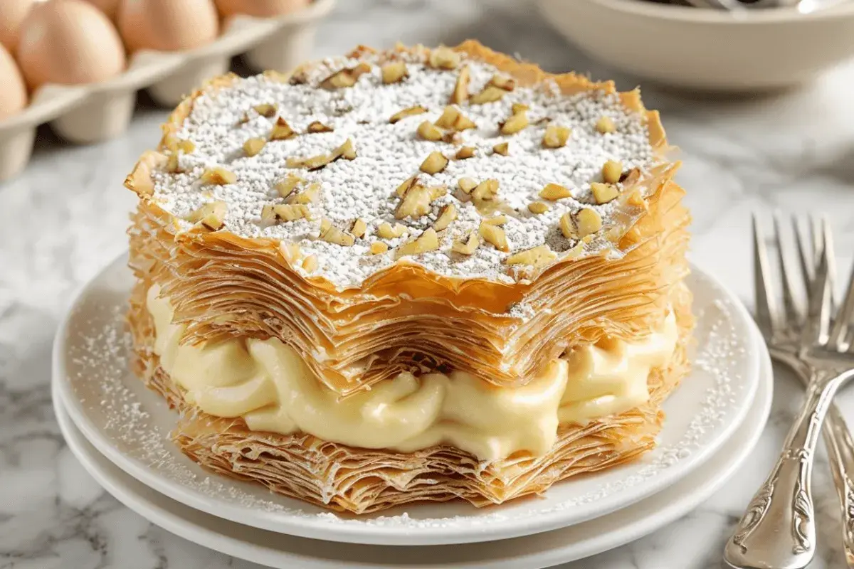 Tarta árabe de capas crujientes rellena de crema pastelera, espolvoreada con azúcar glas y nueces picadas.