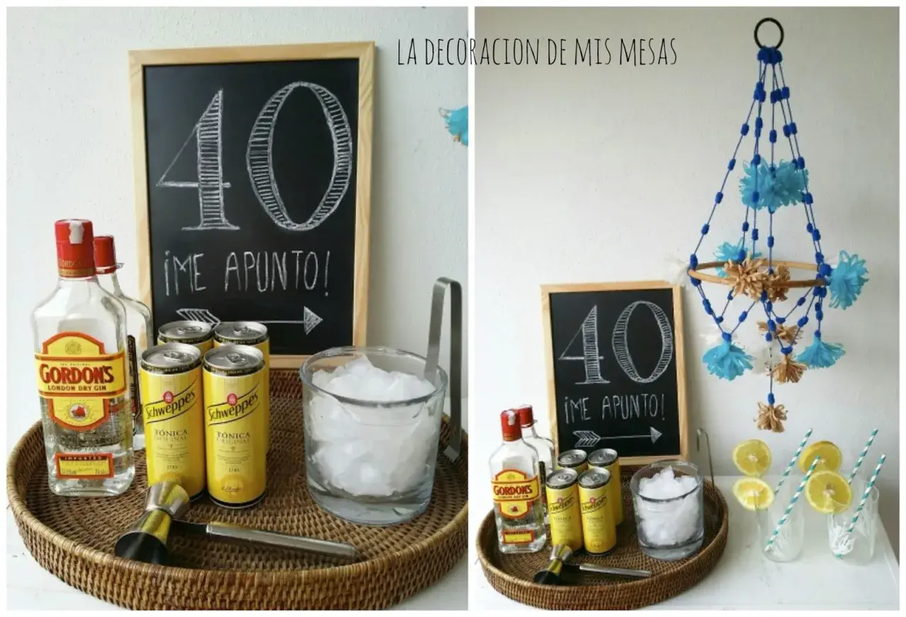 Decoración mesa de bebidas para fiestas: ginebra, tónica, hielo y limón para celebrar los 40. ¡Me apunto!