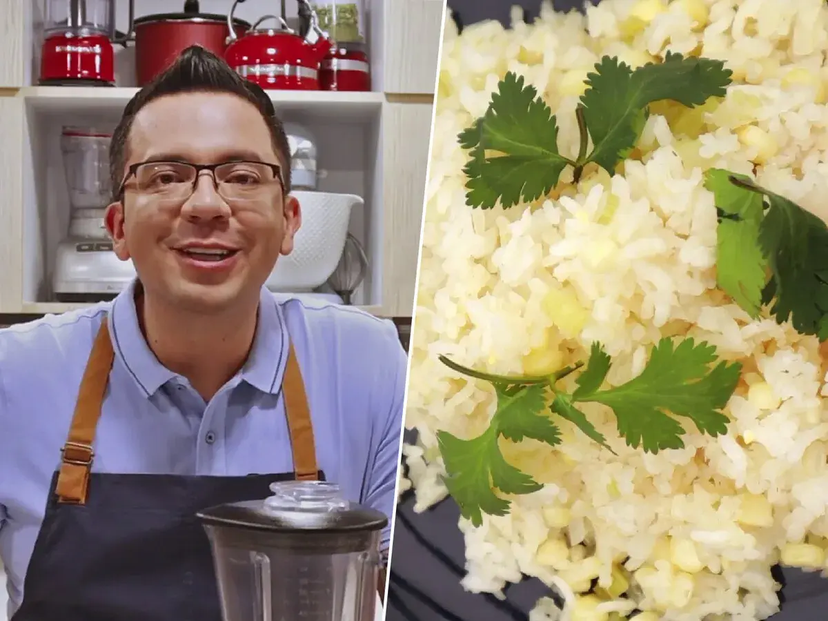 Chef sonríe junto a un plato de arroz con maíz y cilantro. ¡La solución perfecta para un arroz duro y una paella deliciosa!