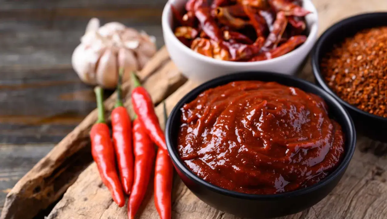 Un tazón de salsa ranchera, con chiles rojos frescos, secos y ajo alrededor.