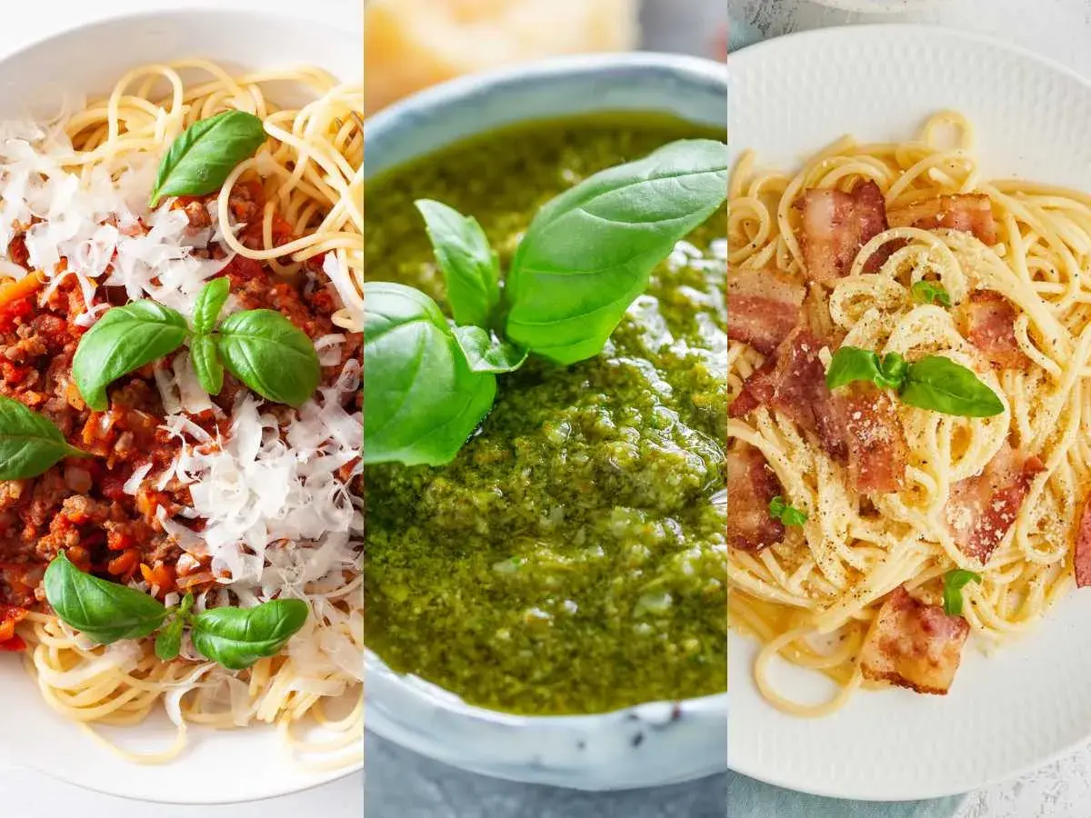 Tres deliciosos platos de pasta: boloñesa, pesto y carbonara. Variedad de salsas para pasta.