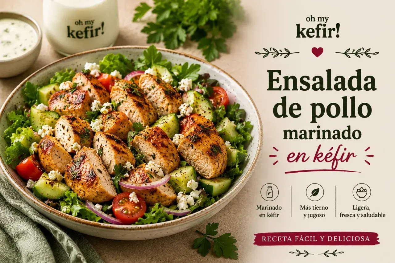 Ensalada de pollo marinado en kéfir, con lechuga, pepino, tomate y queso. Ligera, tierna y jugosa.