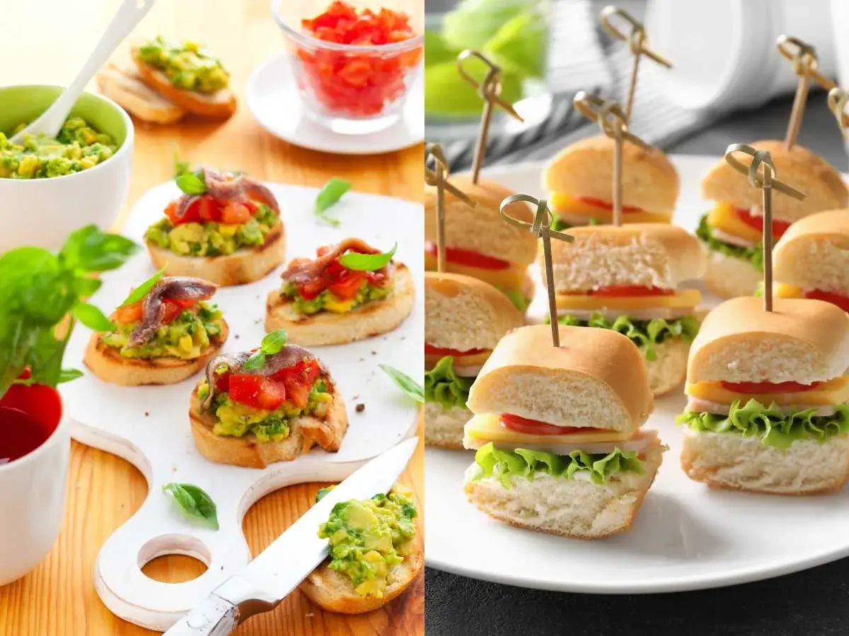 Deliciosos entrantes para un cumpleaños: bruschettas con aguacate y anchoas, y mini hamburguesas con queso y lechuga.