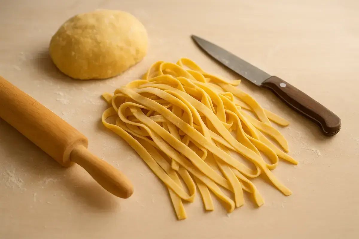 Masa de pasta fresca lista para cortar, con rodillo y cuchillo.
