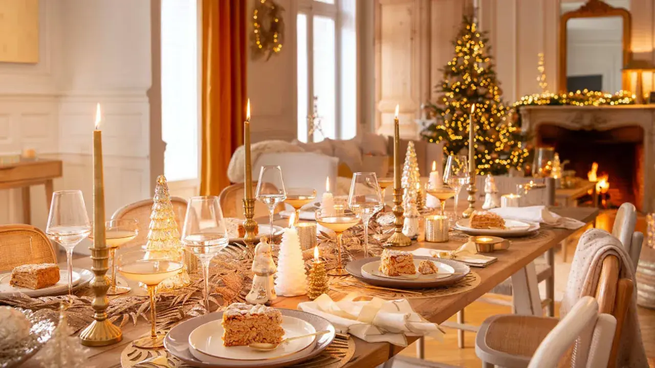 Elegantes mesas decoradas de navidad con velas doradas, copas de champán y postres festivos, creando un ambiente cálido y acogedor.