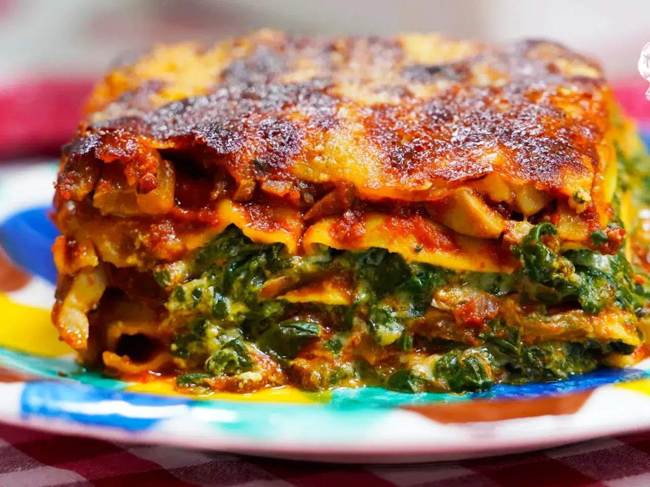 Porción de lasaña de verduras, con capas de pasta, espinacas y salsa de tomate, servida en un plato colorido.