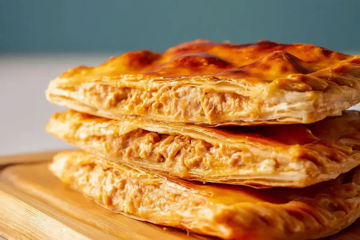 Empanada de atún dorada y crujiente, apilada en tres capas, revela un relleno jugoso y sabroso.