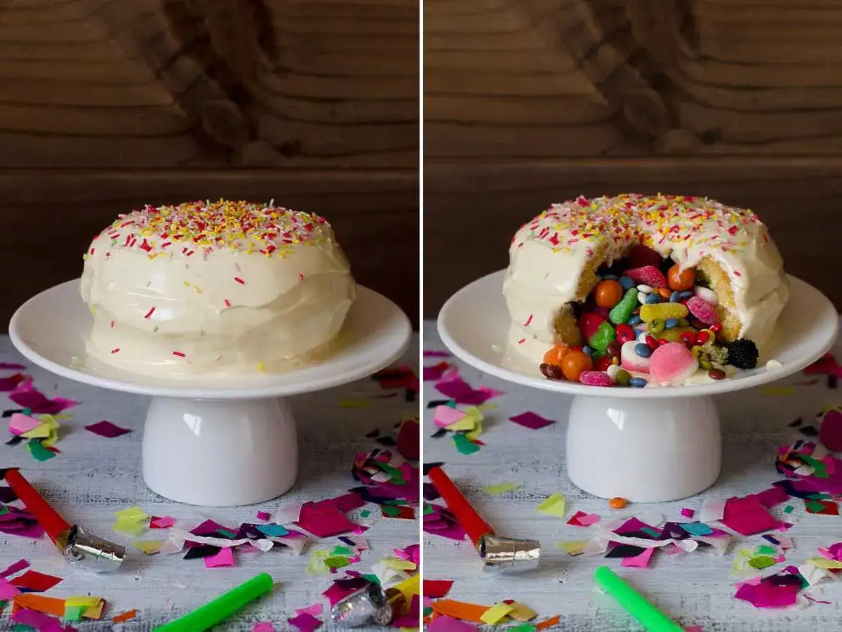 Pastel blanco cubierto de chispas, con un interior sorpresa lleno de chuches de colores. ¡Perfecto para hacer tarta de chuches!