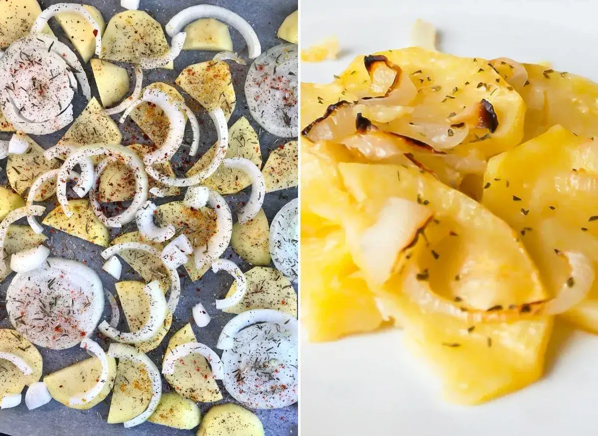 Patatas panaderas listas para hornear, cortadas y sazonadas. Al lado, el plato terminado, dorado y apetitoso.