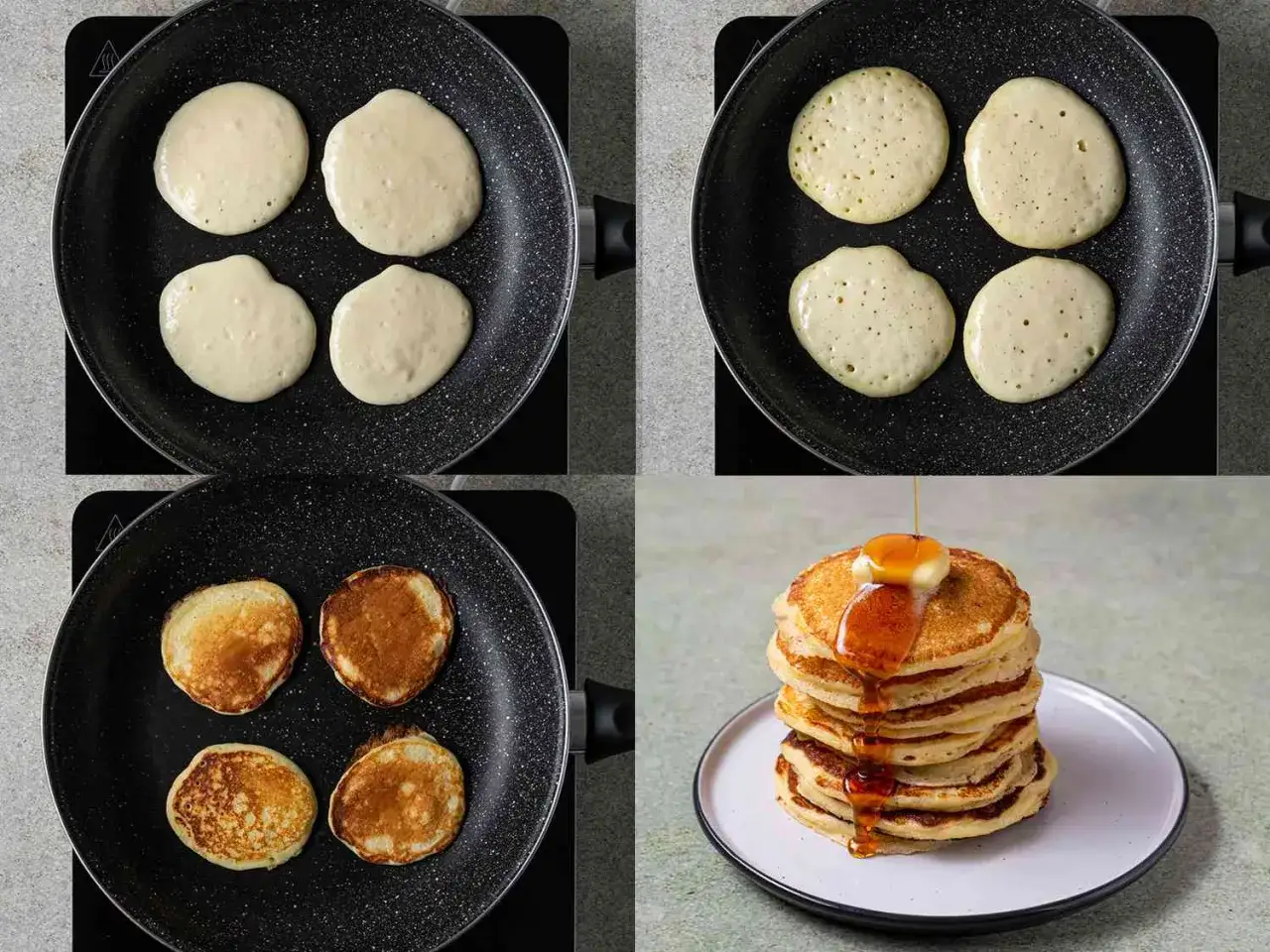 Pasos para una deliciosa tortitas receta: masa en sartén, burbujas, doradas y apiladas con sirope.