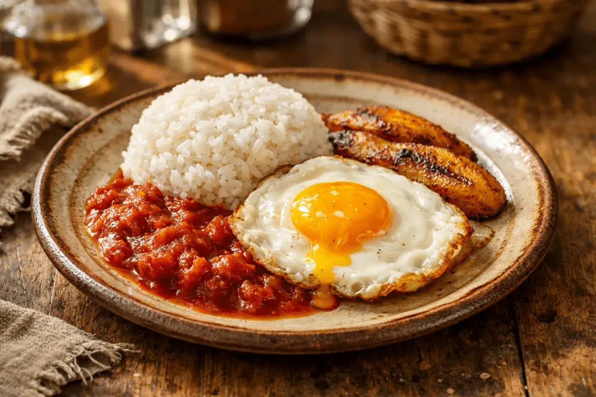Un plato de arroz a la cubana con huevo frito, plátano maduro frito y salsa de tomate.
