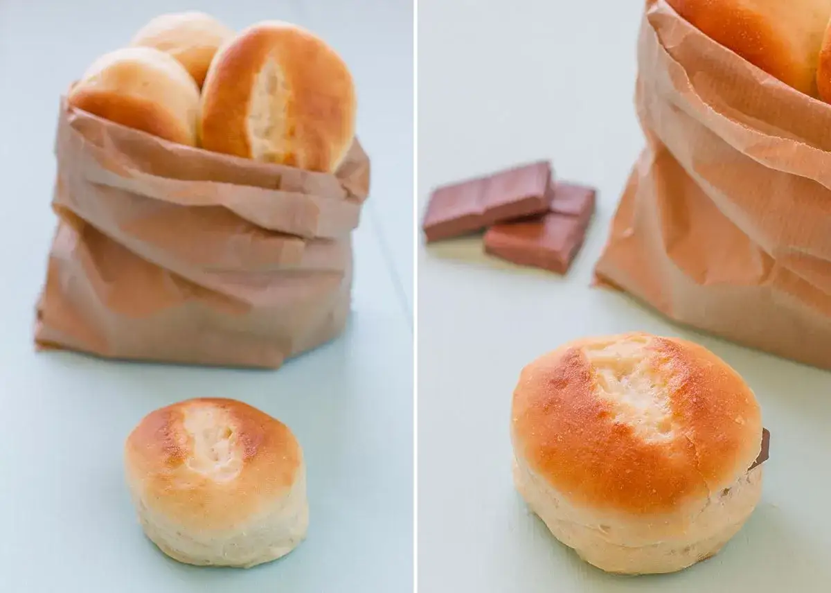 Pan de leche recién horneado, perfecto para rellenar con chocolate.