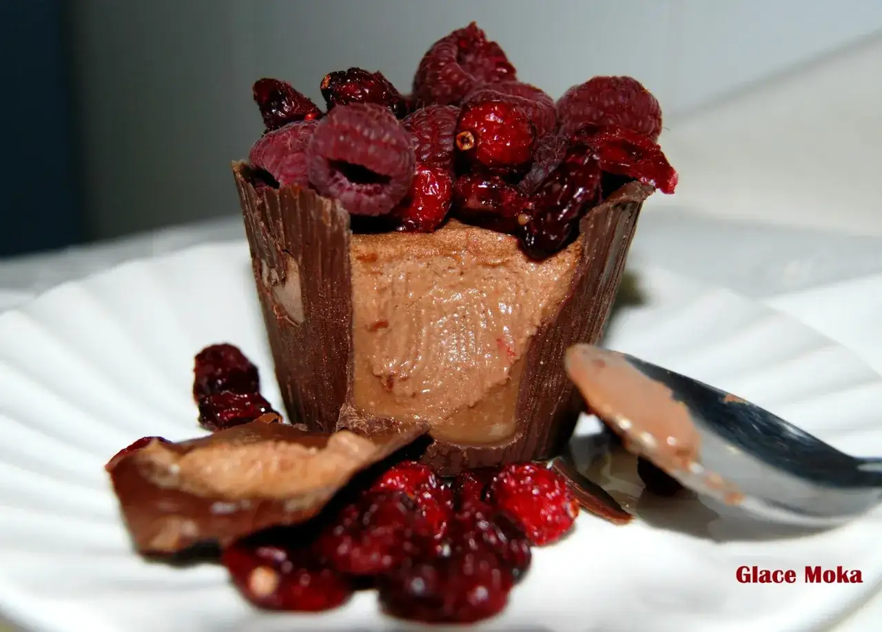 Delicioso postre f&aacute;cil de chocolate con frambuesas y ar&aacute;ndanos secos, servido en una copa de chocolate.