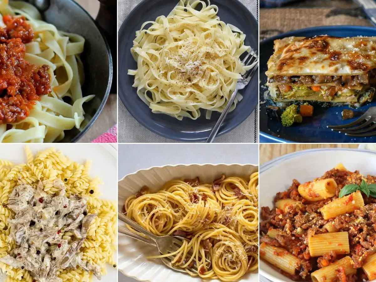 Variedad de deliciosas recetas de pasta: fettuccine con bolo&ntilde;esa, espagueti a la carbonara, lasa&ntilde;a, fusilli con crema y rigatoni con rag&uacute;.