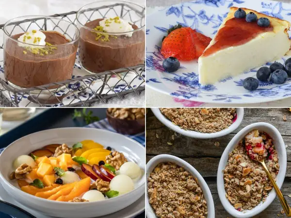 Deliciosos postres saludables: mousse de chocolate, tarta de queso con frutos rojos, ensalada de frutas y crumble de avena.