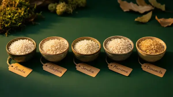 Cinco cuencos con diferentes tipos de arroz, incluyendo arroz Senia o Bomba, sobre fondo verde.