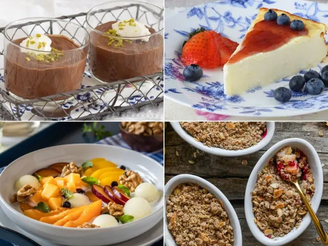 Deliciosos postres saludables: mousse de chocolate, tarta de queso con frutos rojos, ensalada de frutas y crumble de avena.